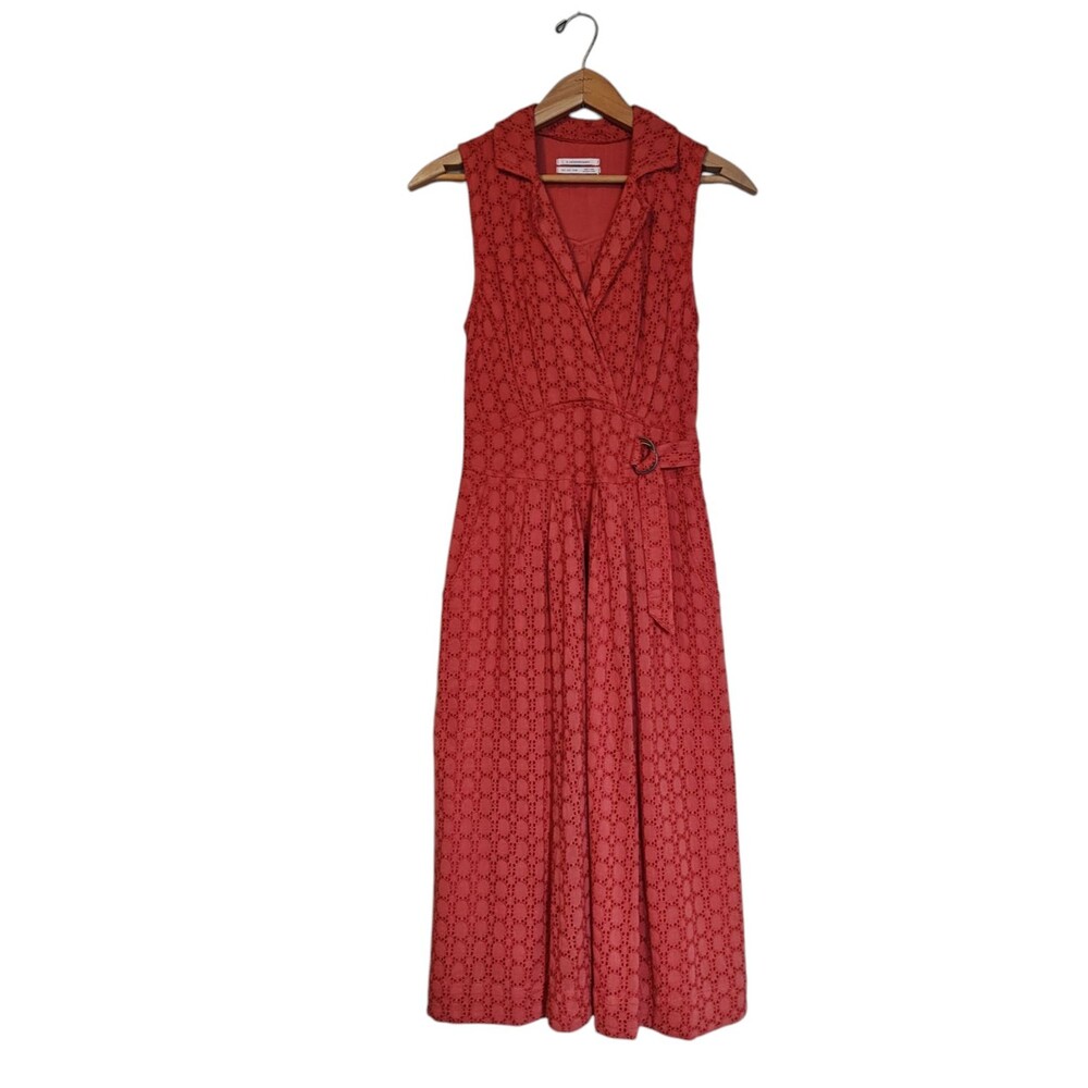 Anthropologie Elm Orange Eyelet Lace Midi Dress‎ Size 0 EU 32 V Neck Collared